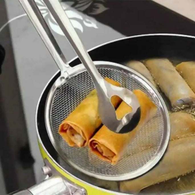 Fry Tool Filter Spoon Strainer With Clip Oil Frying BBQ Filter Stainless Steel Mesh Strainer Kitchen Tool Frying Mesh Colander Quick Strain Stainless Steel Tong Colander BEST HIGH QUALITY