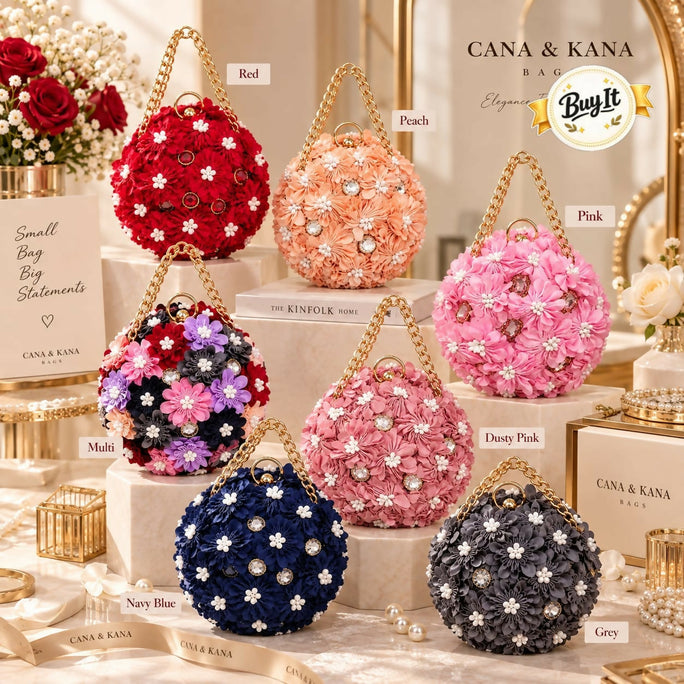 Trendy Floral Potli Style Round Evening Bag for Women - Elegant Wedding & Party Wear Embellished Handbag