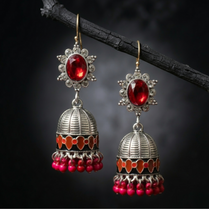 Oxidized Silver Red Stone Jhumka