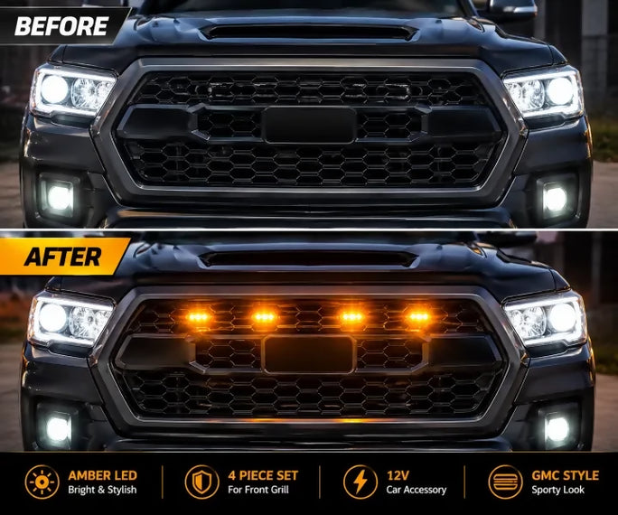GMC Style LED Grille Lights 4 Piece Set – Amber Front Grill Marker Lights for Car & Pickup
