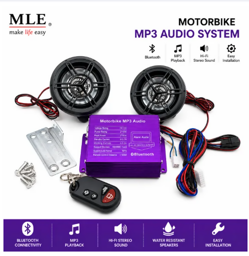 Motorcycle MP3 Audio System with Bluetooth Remote Control | Bike Sound System Speakers Kit | Universal Waterproof Motorbike Audio Player