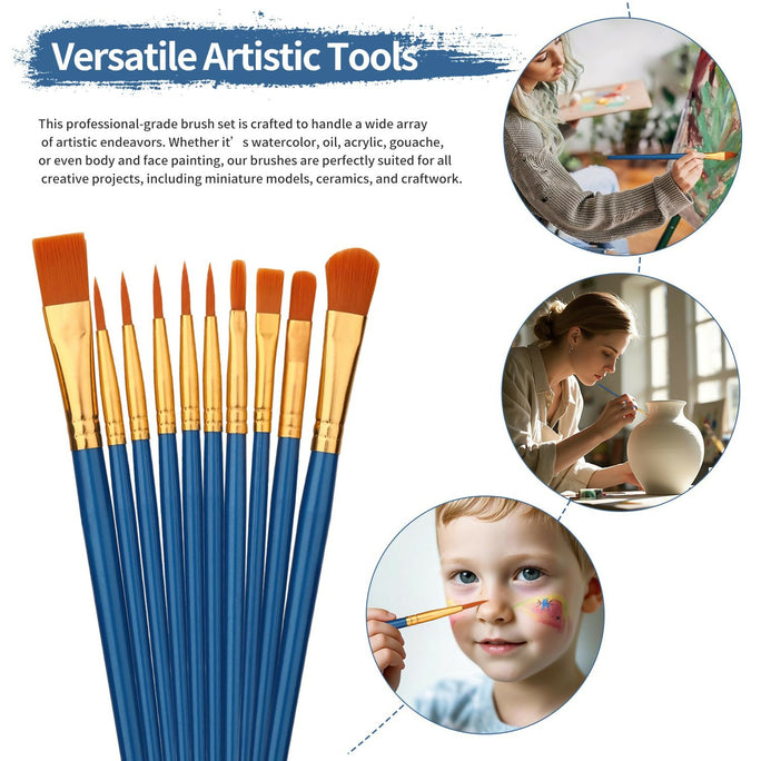10 x Multi Shapes Artist Paint Brush Set Watercolour Acrylic Nylon Hair Oil & Poster Painting Supply