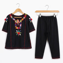Kids Fitt Girls Black Hand Embroidered Khaddar 2 Piece Suit – Straight Trousers