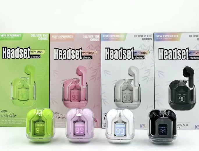 Air31 earbuds With SILICON POUCH wireless crystal Transparent and Bluetooth Air 31Type C