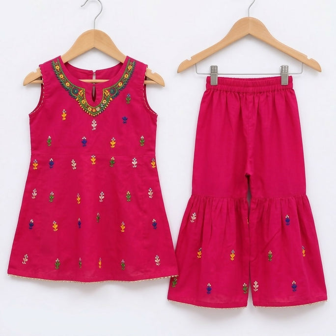 Kids Fitt Girls Fuchsia Pink Hand Embroidered Khaddar/Lawn 2 Piece Suit – Gharara