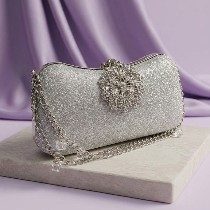 Milli Legacy Glitter Clutch Bag With Vintage Rhinestone Brooch