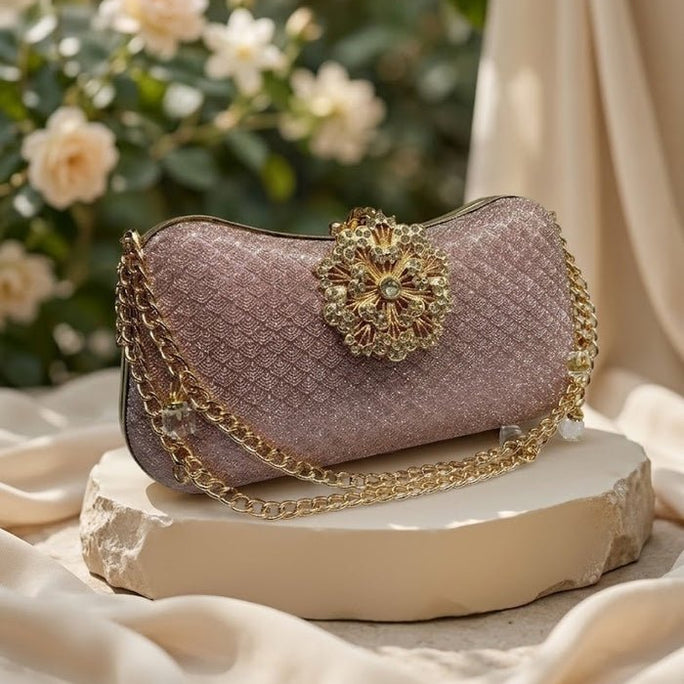 Milli Legacy Glitter Clutch Bag With Vintage Rhinestone Brooch