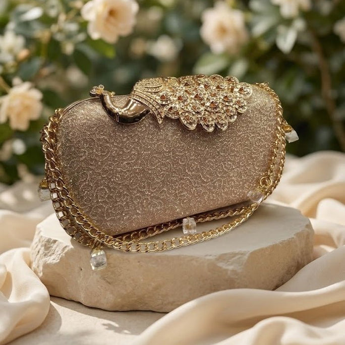 Milli Legacy Luxury Shimmering Evening Clutch With Royal Peacock Clasp