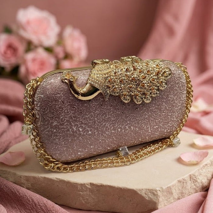 Milli Legacy Luxury Shimmering Evening Clutch With Royal Peacock Clasp