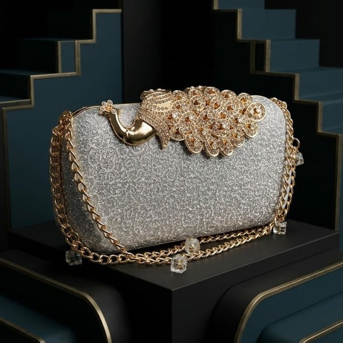 Milli Legacy Luxury Shimmering Evening Clutch With Royal Peacock Clasp