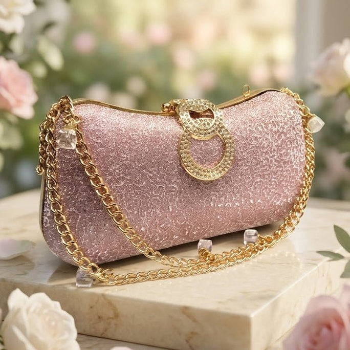 Milli Legacy Shimmering Evening Clutch With Interlocking Crystal Rings