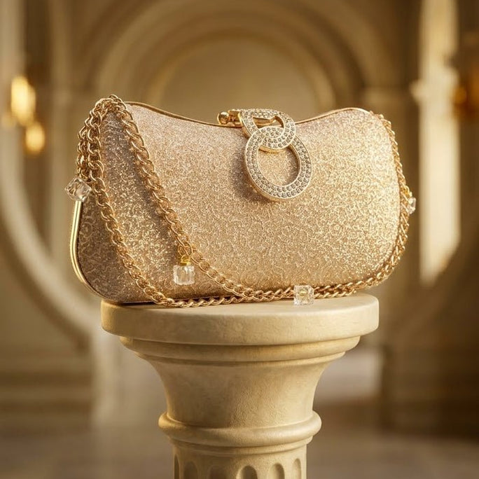 Milli Legacy Shimmering Evening Clutch With Interlocking Crystal Rings