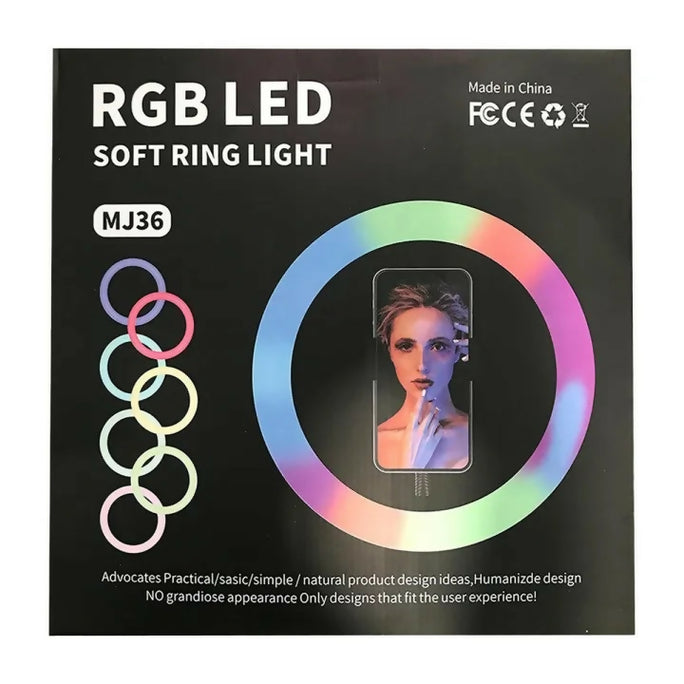 MJ36 RGB LED Ring Light 36cm with 16 Colors, Brightness Control & Phone Holder