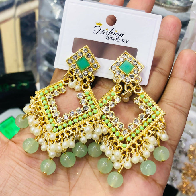Pair of Elegant Geometric Kundan Square Drop Earrings