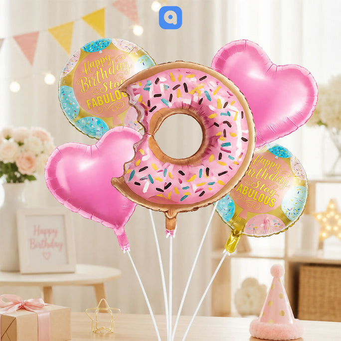 5 Pcs Eating Donut Theme Foil Balloon Set – Kids Birthday Party Decoration