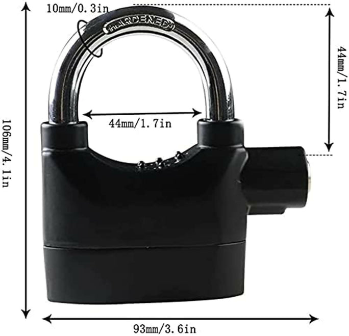 Universal Security Alarm Lock System Waterproof Black Anti Theft Siren 110Dba Alarm Anti Padlock Thickened Shackle Padlock with 3 Keys 1Pcs Polished Finish