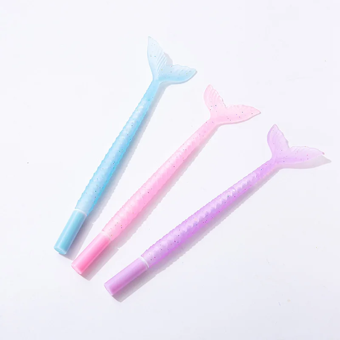 01Pc Cute Fish Tail Gel Pen Cartoon Mermaid Soft Silicone Pens 0.5mm Blue Black Ink Office Writing Kids School Stationery