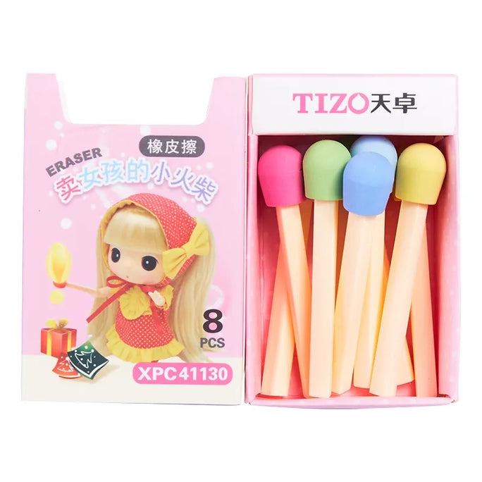 8PCs/Box Cute Kawaii Matches Eraser Lovely Colored Eraser for Kids Students Kids Creative Item Gift