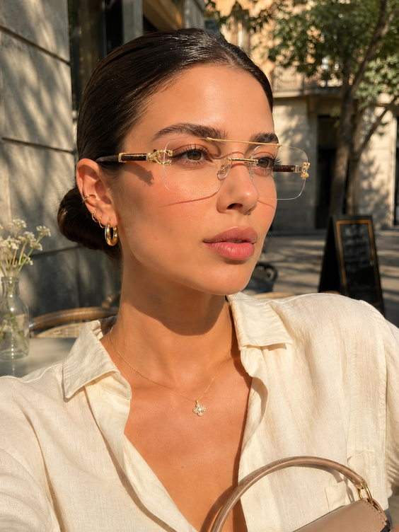 Rave Luxury Rimless Square Eyeglasses ,Gold Bar with Red Tortoise Temples