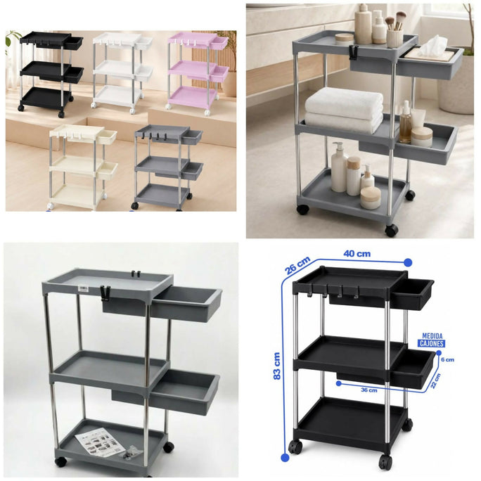 3 Layers Rolling Storage Cart with 2 Drawers