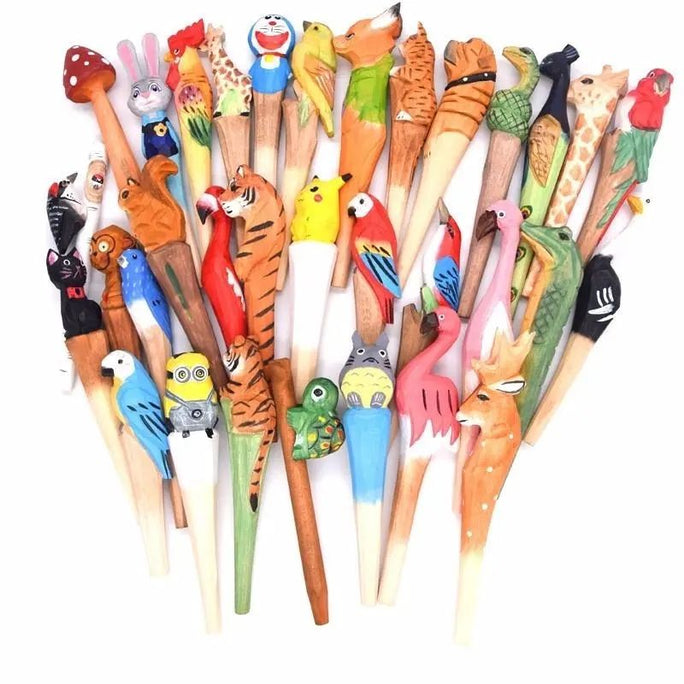 01 Pc Craft Animals Pen Classic Wooden Hand-carved s Creative Stationery Wood Ballpoint