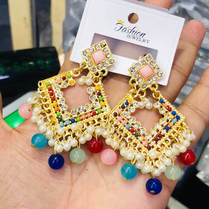 Pair of Elegant Geometric Kundan Square Drop Earrings