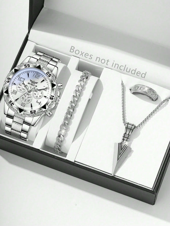 Men 4 in 1 Silver Quartz Watch