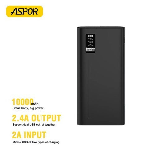 ASPOR A330 10000mAh Power Bank | Portable Dual USB Mini Charger with LED