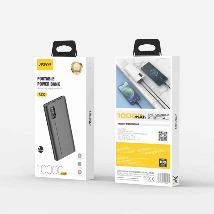 ASPOR A330 10000mAh Power Bank | Portable Dual USB Mini Charger with LED