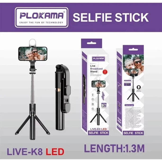 Plokama Live-K8 LED Selfie Stick 3-in-1 Mobile Phone Tripod - 1.3M Extendable