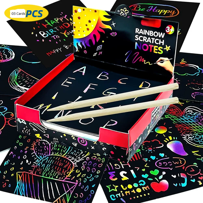 03PCS Rainbow Scratch Mini Notes Paper Pad Cards With Drawing Stencil Children Kids DIY Draw Painting Educational Toys Gifts