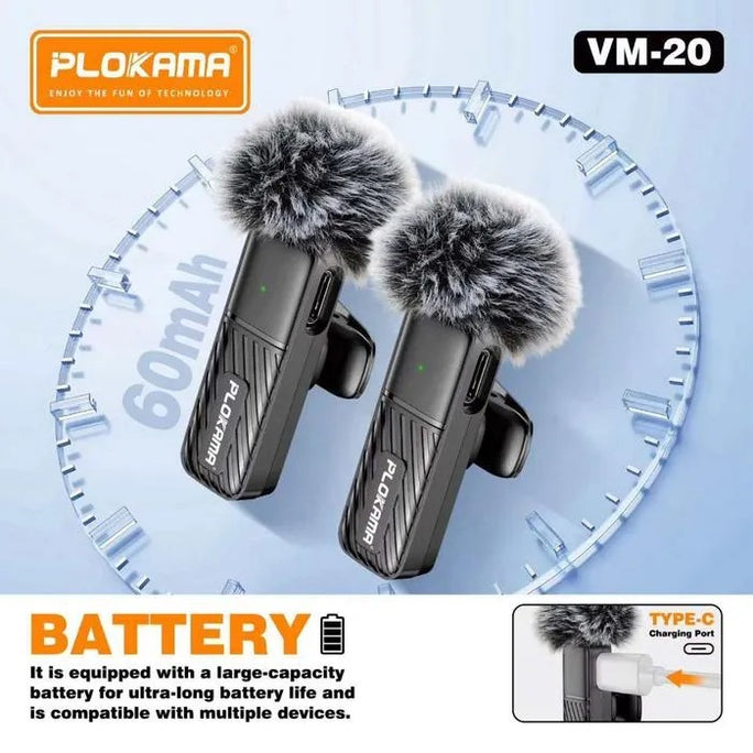 Plokama VM-20 2.4G Wireless Lavalier Microphone Dual 2in1 Plug & Play Mic for