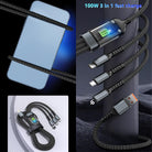 3 in 1 Fast Charging Cable 100W Multi Connector USB Type C Lightning Micro USB