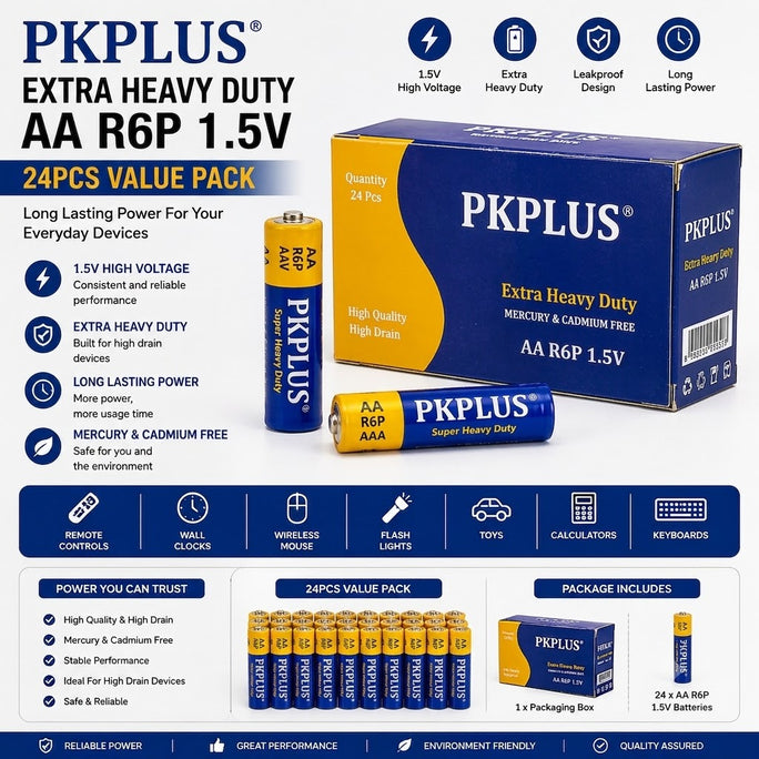 PKCELL AA R6P & AAA R03 Heavy Duty 1.5V Carbon Zinc Primary Batteries 24PCS