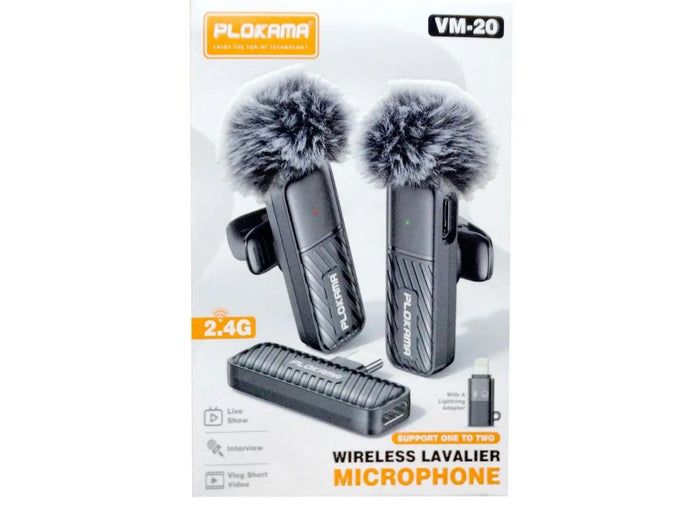 Plokama VM-20 2.4G Wireless Lavalier Microphone Dual 2in1 Plug & Play Mic for