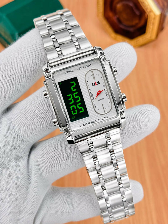 Silver Chain Black Dial Dual Display Men's Watch | Analog + Digital LED | Stainless Steel