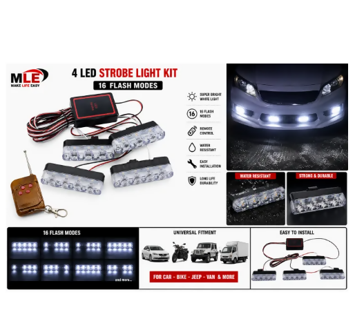 4 LED Strobe Light Kit Remote Control White Light 16 Flash Modes Universal Car Bike Decorative Flash Light