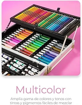 StationeryWorld 145-Piece Art Set with Colours, Paints, Crayons in Pink Briefcase Organiser