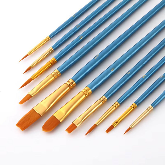 10 x Multi Shapes Artist Paint Brush Set Watercolour Acrylic Nylon Hair Oil & Poster Painting Supply