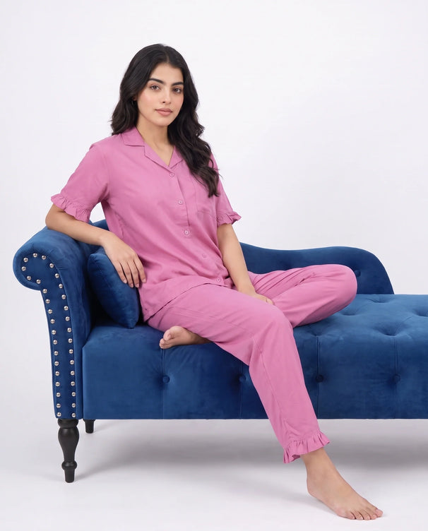 Sajiero Half Sleeves PJ Set - Linen Comfort - Pink