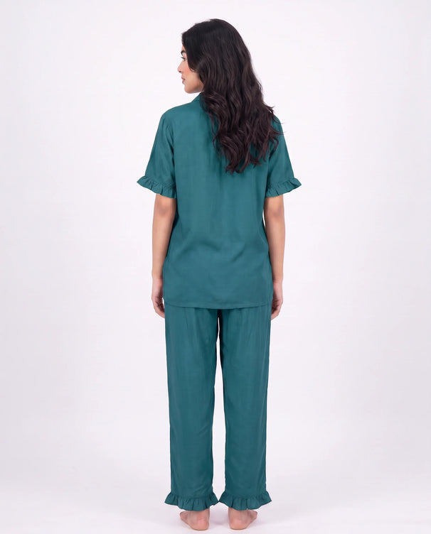 Sajiero Half Sleeves PJ Set - Linen Comfort - Sea Green
