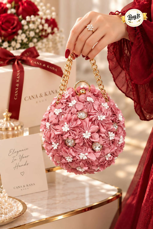 Trendy Floral Potli Style Round Evening Bag for Women - Elegant Wedding & Party Wear Embellished Handbag