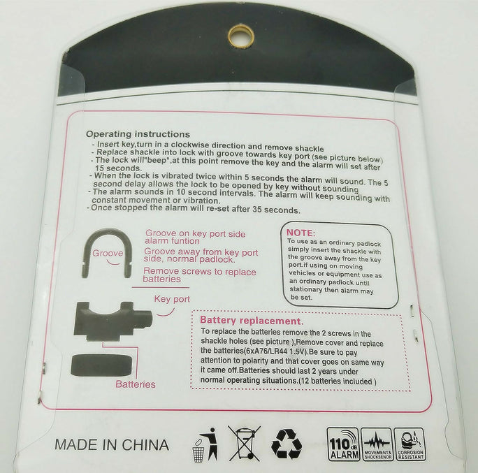 Universal Security Alarm Lock System Waterproof Black Anti Theft Siren 110Dba Alarm Anti Padlock Thickened Shackle Padlock with 3 Keys 1Pcs Polished Finish