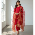 3 Pieces Unstitched Katan Silk Plain Shirt & Trouser With Organza Lining Dupatta For Womens & Girls