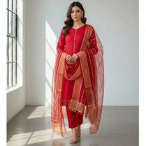 3 Pieces Unstitched Katan Silk Plain Shirt & Trouser With Organza Lining Dupatta For Womens & Girls