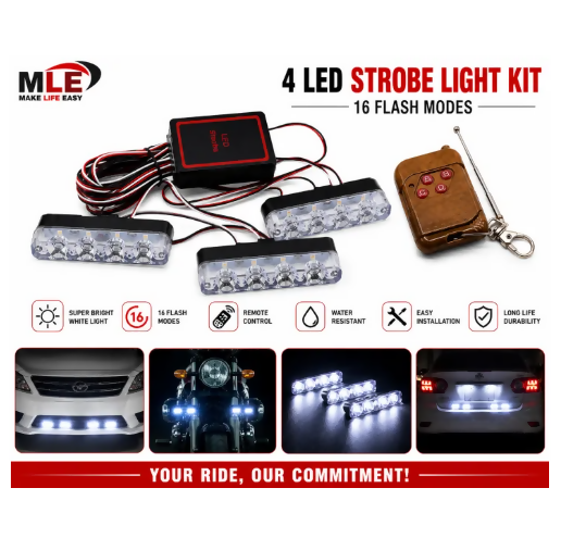 4 LED Strobe Light Kit Remote Control White Light 16 Flash Modes Universal Car Bike Decorative Flash Light
