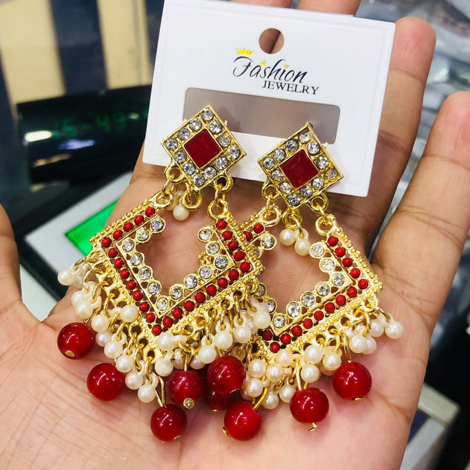 Pair of Elegant Geometric Kundan Square Drop Earrings