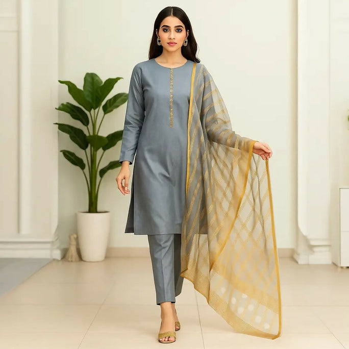 3 Pieces Unstitched Katan Silk Plain Shirt & Trouser With Organza Lining Dupatta For Womens & Girls