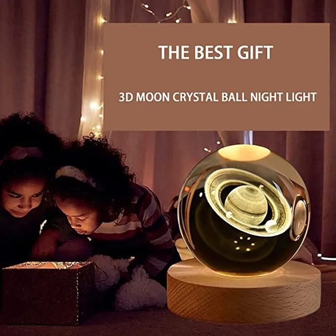 3D Crystal Ball Moon Night Lamp With Wooden Base