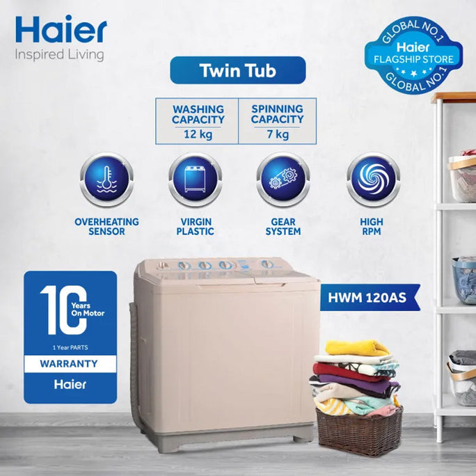 Haier HWM 120-AS 12Kg Top Load Twin Tub Semi Automatic Washing Machine with Official Warranty